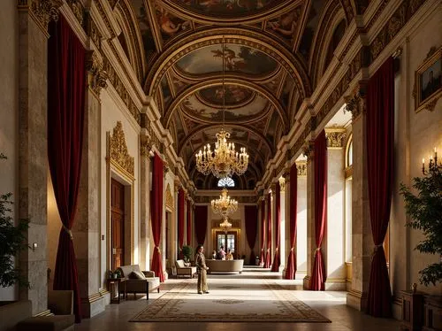 Intricate stone carvings, ornate archways, grandiose columns, lavish chandeliers, rich velvet drapes, gilded accents, ornamental moldings, intricate frescoes, majestic domed ceilings, opulent furnishi