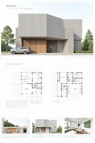 A professional architectural presentation board with a Pure background and a clean, minimalist design layout. The board includes:
Top Section: On the top left, a photorealistic render of a contempora
