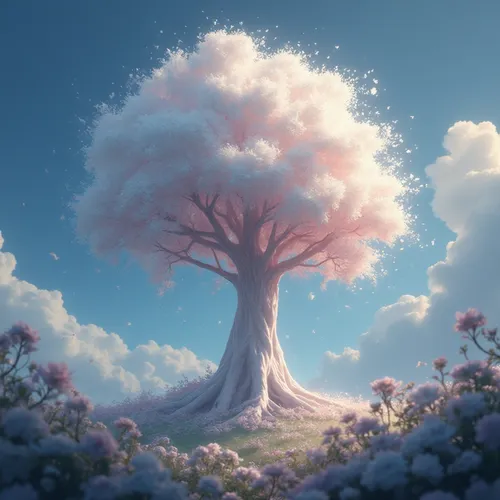 The self-watering white cloud tree rains and quenches thirst.,an artistic pink tree with many petals in the sky,blossom tree,flourishing tree,snow tree,isolated tree,magic tree,cherry blossom tree,lon
