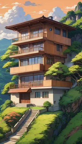 A detailed oil painting: a modern, minimalist house with four floors, brown wood, and a sloped roof, stands on a gentle slope. The warm-hued hill and greenery add warmth, while the composition's symme