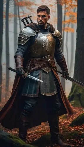 D&D character, male warrior, muscular build, 30yo, rugged facial features, short brown hair, scar above left eyebrow, silver earrings, leather armor, bronze sword, shield with coat of arms, standing h