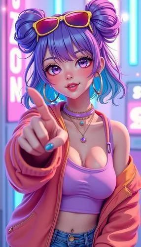 the character is a girl with blue hair and big breast,retro girl,neon candies,jinx,80's design,bubblegum,vector girl,vi,neon coffee,neon drinks,retro styled,ultraviolet,retro woman,neon,neon ice cream