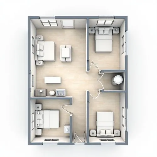 please make an overhead view Floor plan of a three-bedroom HUD house, 24 feet deep by 60 feet wide. The layout includes a 12' x 12' primary bedroom with an en-suite bathroom and closet, two additional