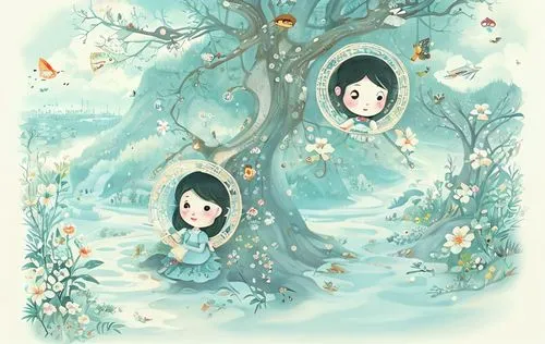 fairy forest,birch tree illustration,kids illustration,apple trees,fairies,mirabelle tree,birch tree background,children's background,fairy world,children's fairy tale,vintage fairies,cherry trees,app