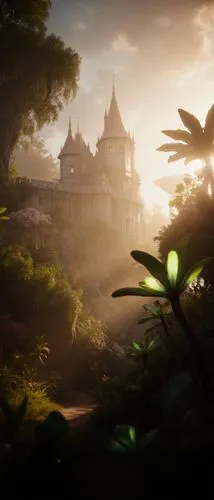 Cinematic picture of a near-fantastical castle integrated with nature, glowing soft warm light, surreal lush gardens with oversized plants and glowing flora, ethereal atmosphere.,a large building that
