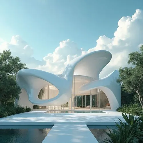 An ethereal 3D architectural masterpiece in the style of Roberto Carlos Gómez Castro — a finely detailed white house with an intricate, elevated on a polished wooden platform. The composition blends c