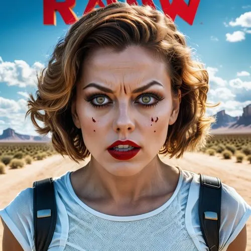 Create a parody or reinterpretation of an iconic movie, infusing it with unexpected elements and fresh perspectives,a woman with scary makeup on and the words, runaway,kangna,kinswoman,brohawn,rowena,