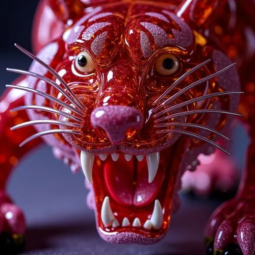 Murano Glass Art. Close-up. sabre-toothed tiger. Medium shot. Italian Murano Glass art style. Bold, bright, and colorful typography. Vivid reds and pinks with dynamic shadows. Best quality, vibrant, h