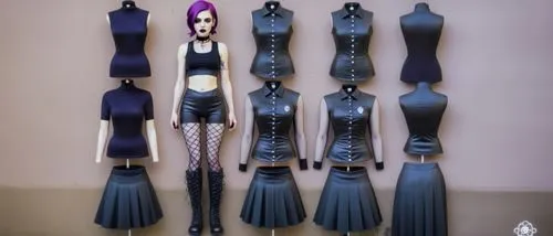 Paper doll 2d cartoon goth purple haired girl in black sleeveless shirt , black spandex shorts, complete full length fishnet and black goth knee Boots, standing surrounded by with a set of goth fashio