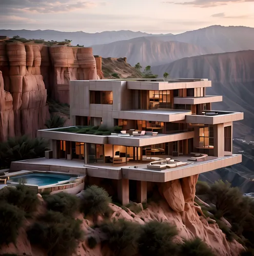dunes house,house in the mountains,luxury property,cliff dwelling,house in mountains,futuristic architecture,modern architecture,luxury real estate,jewelry（architecture）,luxury home,cubic house,modern