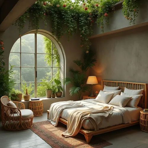 An eco-friendly studio apartment interior, bamboo made chairs and center table, concrete walls and decorated in greenery and flowers, green roof , with opulent ambience. atmosphere is Fall, with a uni