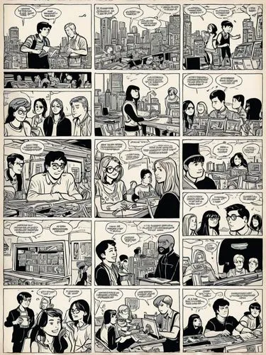 Design a fun comic page for a youth magazine.,a comic page showing many people talking to each other,komiks,fumetti,comic paper,bushmiller,aragones,doonesbury,Illustration,Vector,Vector 11