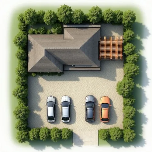a render of a landscape siteplan, backyard design, pergola in upper corner, tile flooring, L-shaped house in the middle, a parking for 3 cars in the right side of the house


,a aerial view of a home 