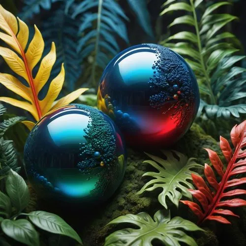 A hyperrealistic and surreal composition featuring four solid gradient spheres (blue, red, green, and yellow), each surrounded by its own plant with long, winding, tentacle-like leaves. The leaves gro