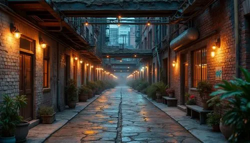 Rustic urban landscape, worn brick facades, distressed concrete walls, metallic sheen, reflective glass surfaces, rough stone paving, weathered wood accents, industrial metal beams, exposed ductwork, 