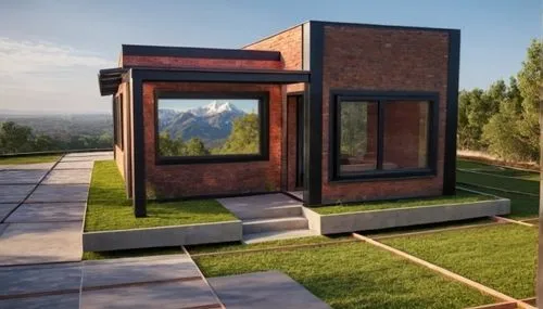 que la ventana refleje un cielo con sierras de fondo

,a building with the doors open in a yard,cubic house,cube house,frame house,mirror house,prefab,modern architecture,house in the mountains,cube s