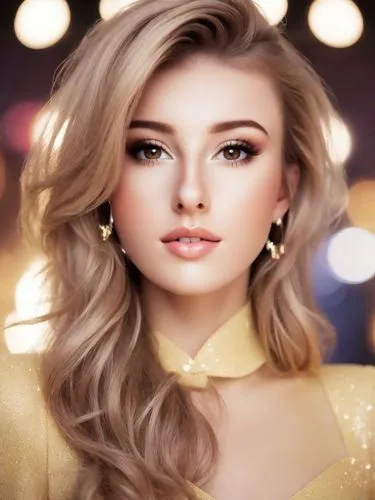 Creative Headshots, pop music video, MTV, Steps, Claire Richards,a beautiful young woman wearing gold,portrait background,fashion vector,edit icon,romantic look,golden haired,doll's facial features,ye