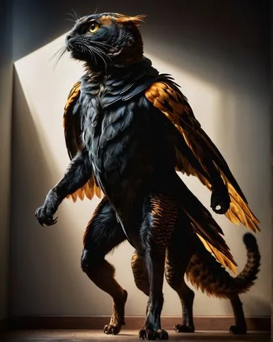 standing heroically, one leg forward, dramatic lighting, cinematic composition, high contrast, vibrant colors.,microraptor,jatayu,dromaeosaurs,raven sculpture,eoraptor,oviraptorid,balaur,haliaeetus,ov