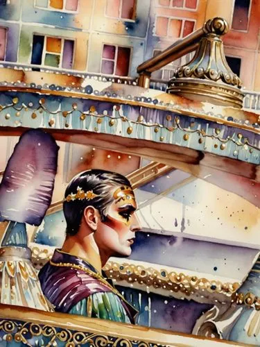 Мужчина в театральном костюме и гриме,a painting of a woman in a carriage,gondoliers,gondolier,emporium,watercolor painting,sea fantasy,watercolor background