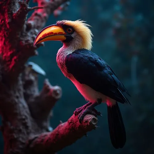 Close shot of a Great Hornbill (concave-casqued hornbill, great Indian hornbill) sits on a tree branch,a bird perched on a tree nch with red lighting,toucan perched on a branch,hornbill,malabar pied h