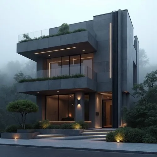  A luxurious, ultra-modern, three-story mansion with a sleek, dark gray marble facade and prominent vertical columns, situated in a refined, upscale residential setting. The exterior features large fl