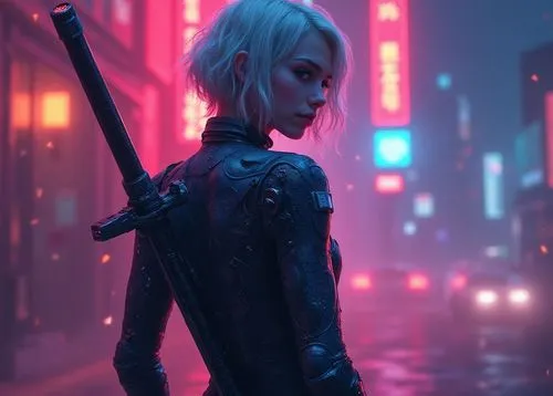 young adult woman, short ash blonde hair, spandex suit, Cyberpunk feeling, mechanical LED future, giant  tech Katana
 as Weapon

,a woman holding a gun in an alien city,cyberpunk,protagonist,domino,sy