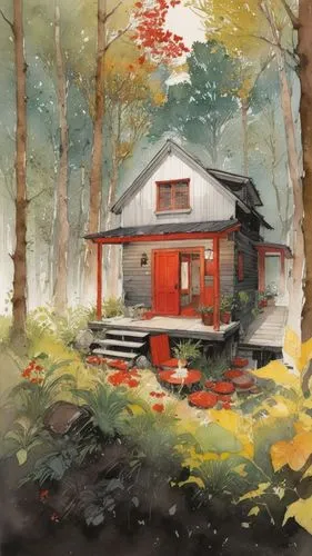 a drawing of a house in the woods,house in the forest,autumn camper,cottage,summer cottage,small cabin,forest house,the cabin in the mountains,red barn,cabin,little house,log cabin,lonely house,small 