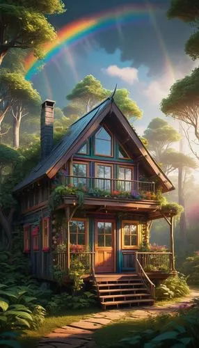 A detailed 3D render: An intricate vision showcasing a fantastical narrative; a wooden-housed cabin with a mystical exterior stands tall, its interior filled with plants and trees; then, a large windo