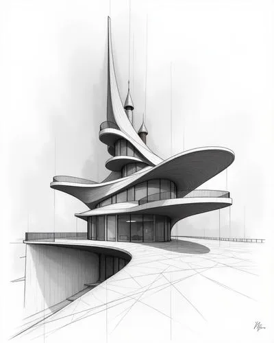 generate drawings of building design concepts nspired by curved and flowy shapes (movement), include rough sketches, make it look like the concept page in architecture designs


,an architectural draw