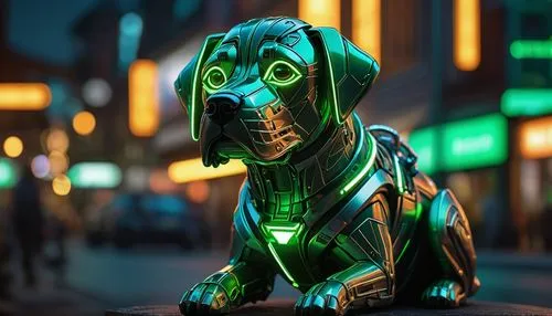 futuristic cybernetic caramel dog, hyper realistic, green lights, ultra detailed photograph, captured with a 85mm lens, f4. 6, bokeh, ultra detailed, ultra accurate detailed, urban settin, ultra unrea