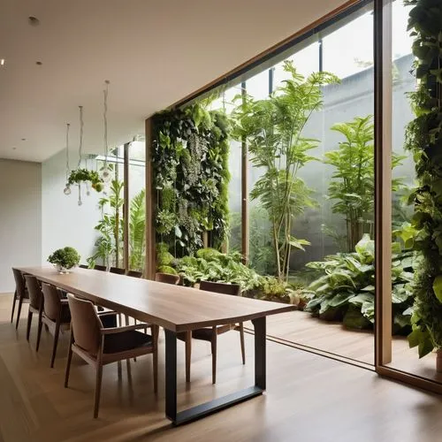 The space should feature large windows that allow ample natural light to flow in, creating a warm and soft illumination throughout. Include a variety of plants in different sizes, such as a mix of lar