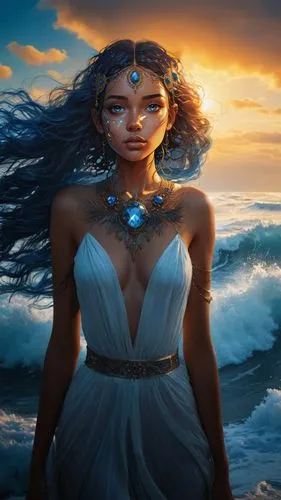 A detailed digital illustration of a enigmatic young woman, striking a commanding pose with intense blue eyes, her hair cascading down her back. The deep white background emphasizes her captivating de