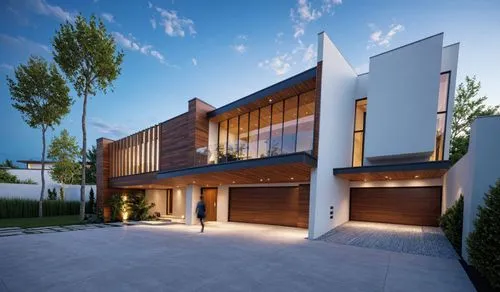 A photo-realistic rendering of a modern, contemporary house at dusk. the house is a two-story building with a contemporary design, featuring a combination of white and gray exterior with large glass w
