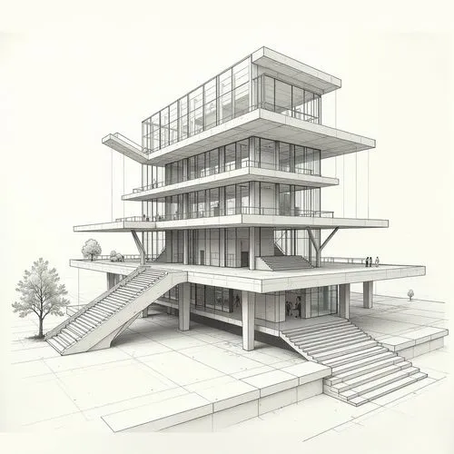 "Architectural sketch of a modern museum building inspired by the Acropolis Museum in Greece, with each floor showcasing a unique composition. The design should feature layered structures, with transp