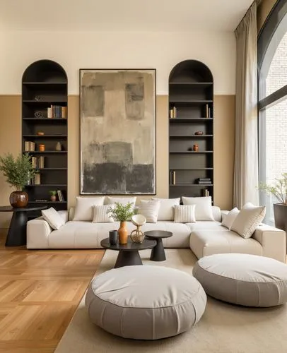 Modern, Neutral upholstered furniture, Arched shelving units, Abstract art focal point, Warm wood flooring, Earthy tones, Subtle metallic accents, Balanced minimalism, by Vincent Van Duysen,a white co