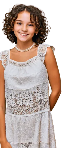 Old photo, worn edges, yellowish tone, nostalgic atmosphere, girl with curly brown hair, smiling face, soft focus, warm lighting, 3/4 composition, shallow depth of field, lace dress, pearl necklace, v