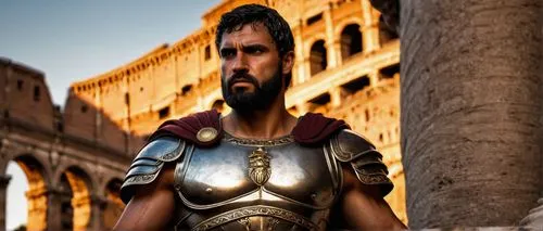 Ancient Roman general, muscular man, armor, cape, laurel wreath, strong facial features, sharp eyes, short hair, beard, standing, victorious pose, Rome, Colosseum, sunset, warm lighting, dramatic shad