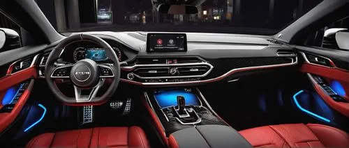 modern console interior, luxurious ambiance, sleek lines, futuristic dashboard, premium leather seats, metallic trim, ambient lighting, wood grain panels, 3D instrument cluster, racing-style steering 