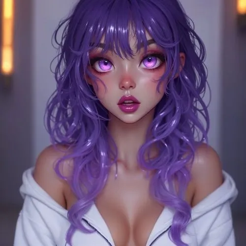 a UHD full body image of a beautiful realistic  woman with anime features. aphrodite herself is jealous of. She has vibrant purple hair,  purple eyes, purple lipstick. makeup, light almond skin, multi