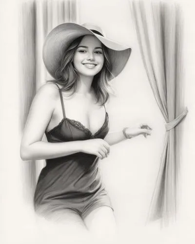 A black and white illustration of a beautiful young woman, 23 years old, with long dark hair falling over her shoulders and expressive brown eyes. She is smiling and wears a delicate rose tucked into