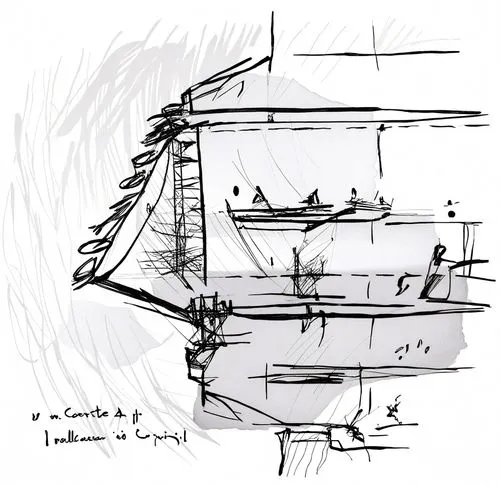 an ink drawing of a container with various shapes,waterwheels,bowsprit,waterwheel,tallship,spaceframe,tall ship