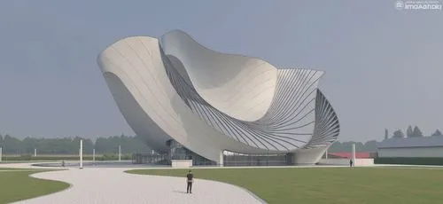a man stands in front of a giant structure in the grass,futuristic art museum,futuristic architecture,sky space concept,school design,parametric,spaceport,renders,render,modern architecture,steel scul