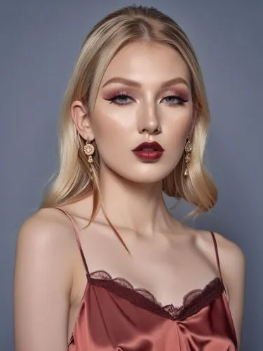 Shyanne with her characteristic long nose bridge at the model shoot,the blonde model is wearing a satin top and statement earrings,vintage makeup,romantic look,portrait background,french silk,makeup,e