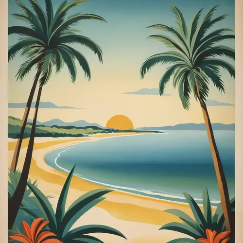 a retro-style poster illustration of a beach scene, palm trees, shoreline, depicting a sense of relaxation and bliss.,travel poster,beach landscape,tropical beach,palmtrees,coconut trees,watercolor pa