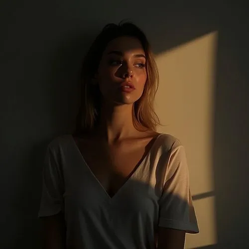 masterpiece, 8k, ultra high quality, enhanced shadows, beautiful women , 20 years old, tight shirt,woman in white shirt in shadows with light on face,chiaroscuro,girl in t-shirt,in a shadow,studio lig