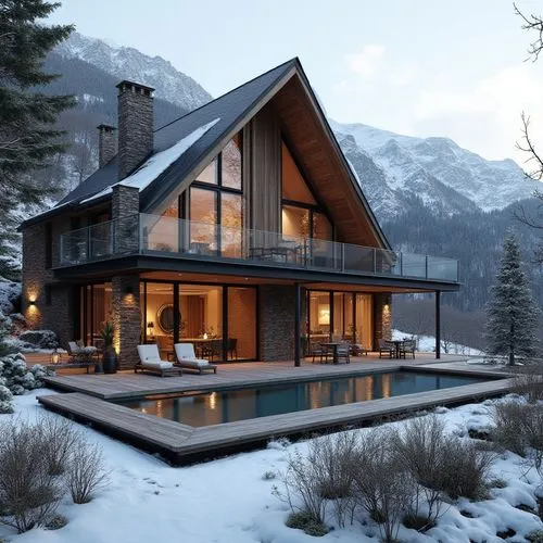 A hyper-realistic, high-resolution architectural photograph of a luxurious, alpine-style modern villa nestled in a mountainous landscape. The home features a prominent A-frame roof and is constructed 