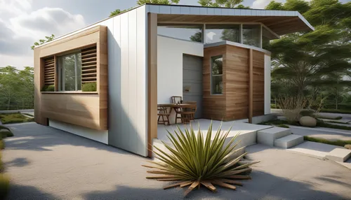 the outside of the small building is next to a plant and a cactus,cubic house,inverted cottage,prefab,prefabricated,cube stilt houses,prefabricated buildings,small cabin,cube house,shipping container,