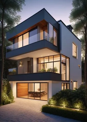 Modern villa, luxurious residence, multi-story, large windows, white walls, sloping roof, wooden door, glass balcony, greenery surroundings, flower beds, paved driveway, garage, outdoor lamp posts, ev