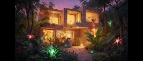 Cinematic architectural poster of a near-fantastical house integrated with nature, glowing soft warm light, surreal lush gardens with oversized plants and glowing flora, ethereal atmosphere.,a renderi