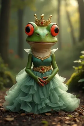Cute lady frog in dress and crown dressed in gown in cinematic environment,a frog dressed as a princess posing for a picture,frog prince,frog king,woman frog,frog background,frog figure,green frog,fai